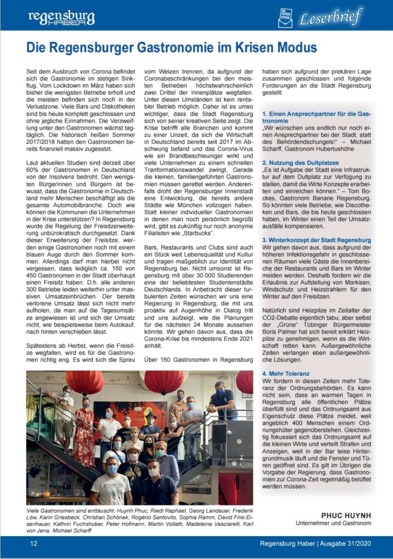 Gastkommentar in der Stadtzeitung Regensburg Haber über die Coronakrise in der Gastronomie